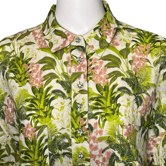 Cami NYC Belkis Shirt Crystal Embellished Buttons Linen Floral Tropical Top sz L - Picture 4 of 13
